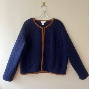 Vineyard Vines Sz XL Blue Quilted Jacket Brown Leather Trimmed Pockets